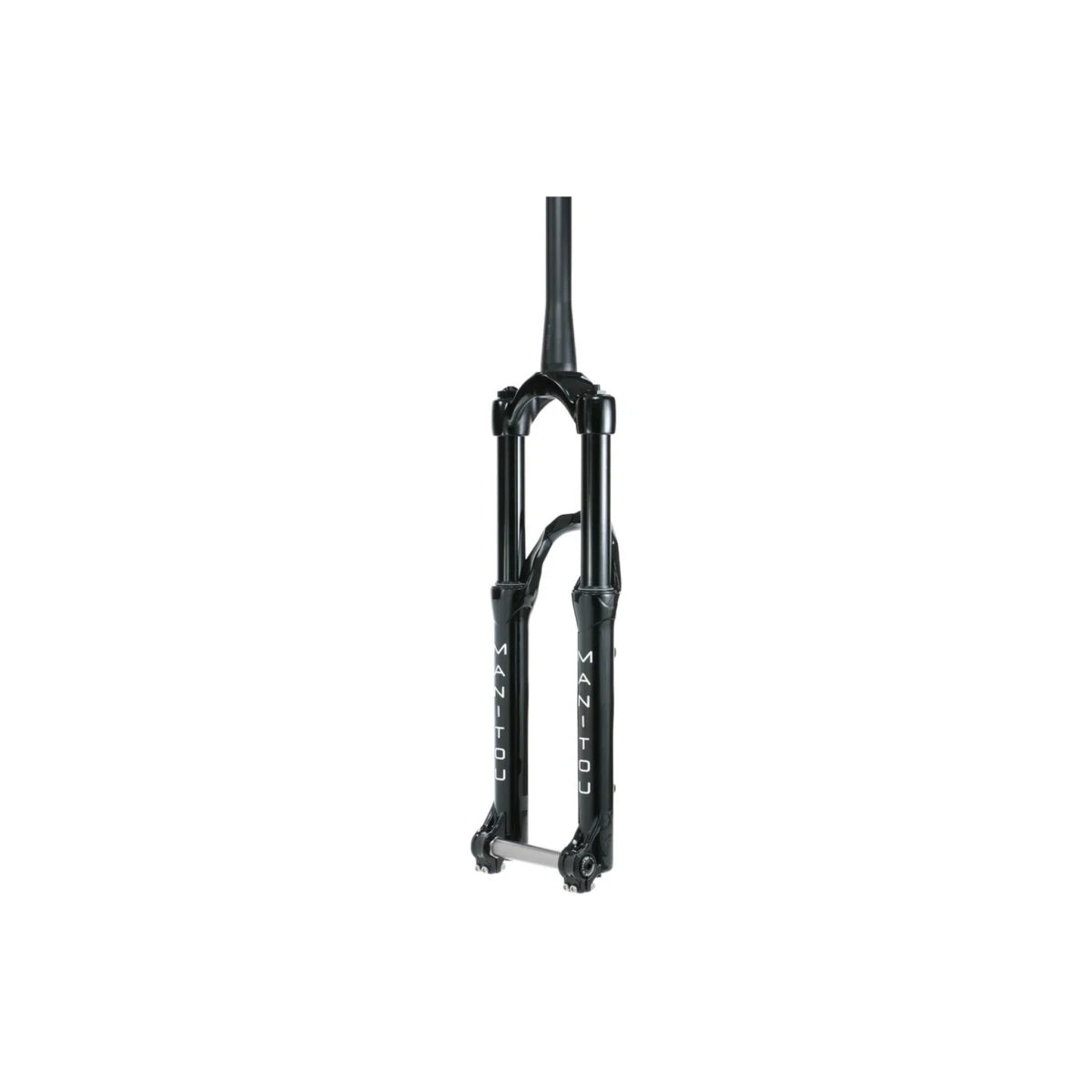 Gloss black Manitou suspension fork – This gloss black bicycle suspension fork features black stanchions, lower legs with white Manitou lettering, and a silver thru-axle centered against a plain white background.