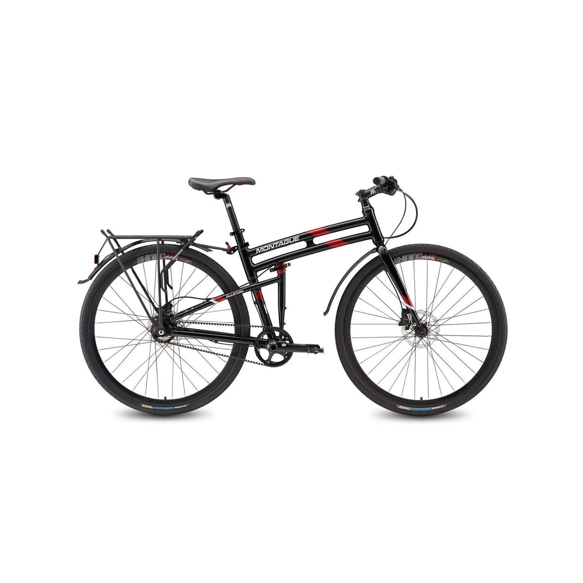 Montague Allston folding commuter bike – A black Montague Allston folding bike with red frame accents, rear cargo rack, mudguards, and a belt drive system, displayed in side profile against a white background.