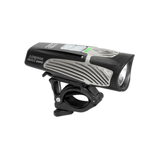 NiteRider Lumina Max bicycle headlight with handlebar mount – A compact black and silver bicycle headlight with textured cooling fins and top buttons, mounted on an adjustable black handlebar clamp against a white background.