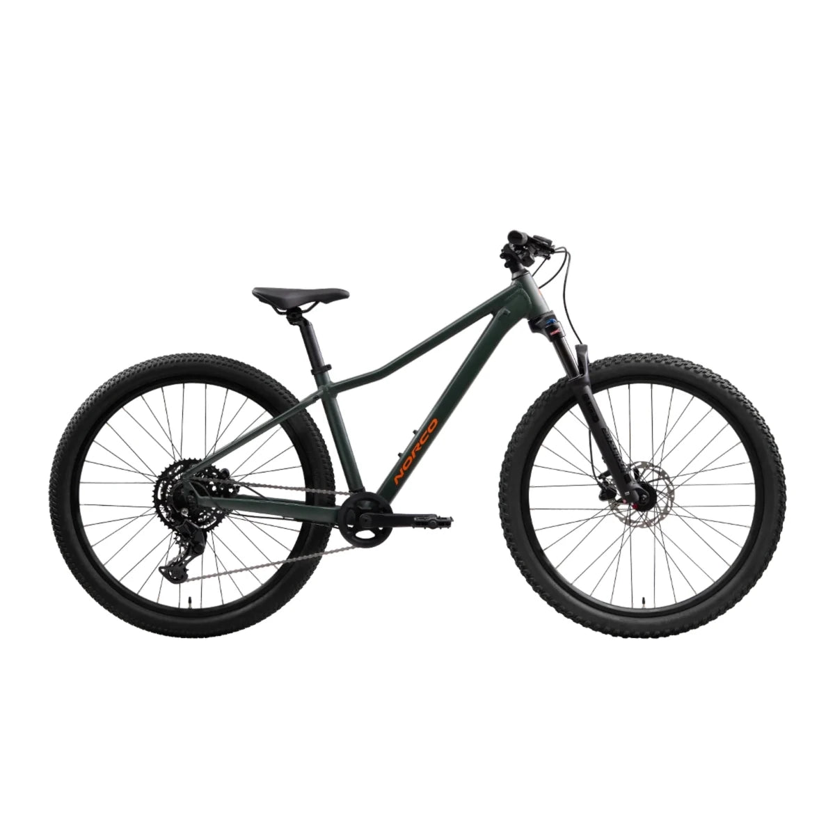 Norco Charger dark green hardtail mountain bike – Profile view of a dark green hardtail mountain bike with a suspension fork, disc brakes, and orange branding against a solid white background.