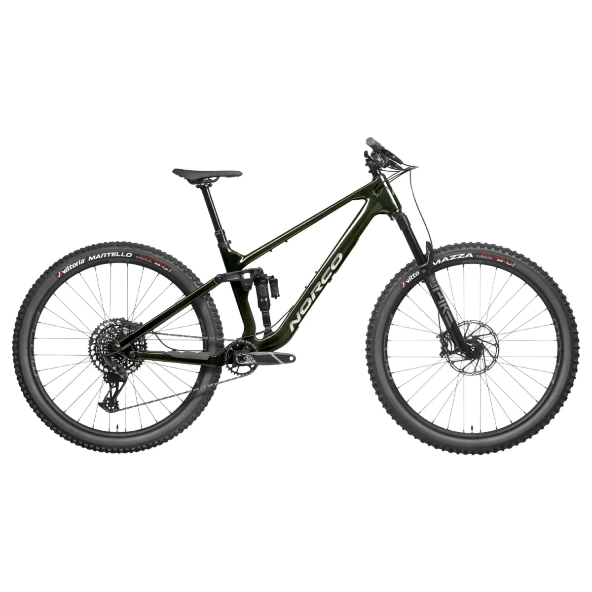 Norco Fluid FS C2 full suspension mountain bike – Profile view of a dark olive-black full suspension mountain bike with white Norco branding, knobby Vittoria tires, disc brakes, and black components against a plain white studio background.
