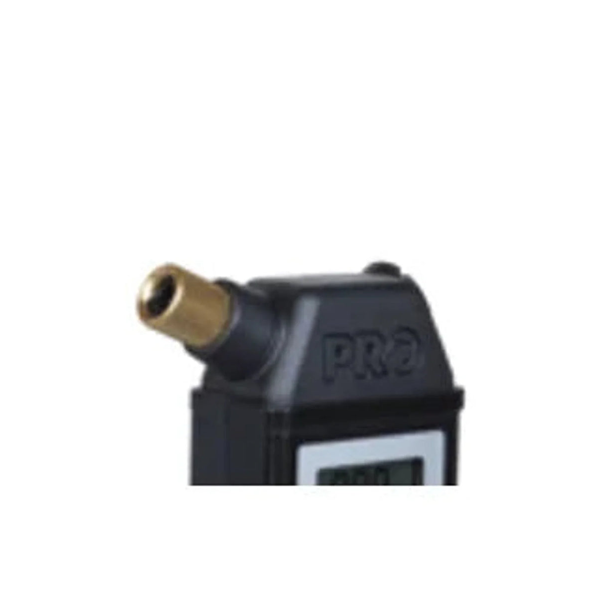 Pro digital pressure checker valve head – A close-up view shows the top of a black digital pressure gauge featuring an angled brass nozzle and embossed PRO branding against a white background.