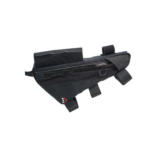 Black Revelate Designs Choss frame bag – This black triangular fabric bicycle frame bag features a horizontal zip closure, multiple velcro mounting straps, and a small red and white logo against a plain white background.