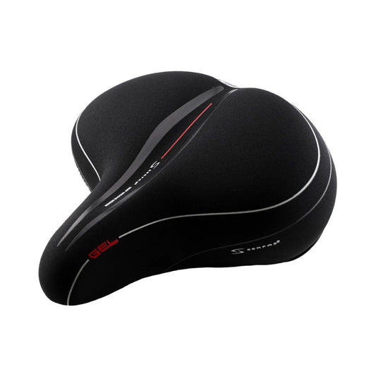 Serfas full suspension cruiser gel bike saddle – A wide, padded black cruiser bicycle saddle with a center groove, red and silver accents, and a smooth Lycra cover, shown on a pure white background.