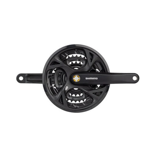 Shimano Acera black triple crankset – A black Shimano triple chainring crankset with an integrated chain guard and crank arms extending horizontally against a plain white background.