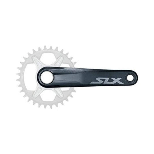Shimano SLX black bicycle crank arm – A matte black Shimano SLX bicycle crank arm is displayed horizontally against a white background, featuring a ghosted chainring outline behind the mounting interface.
