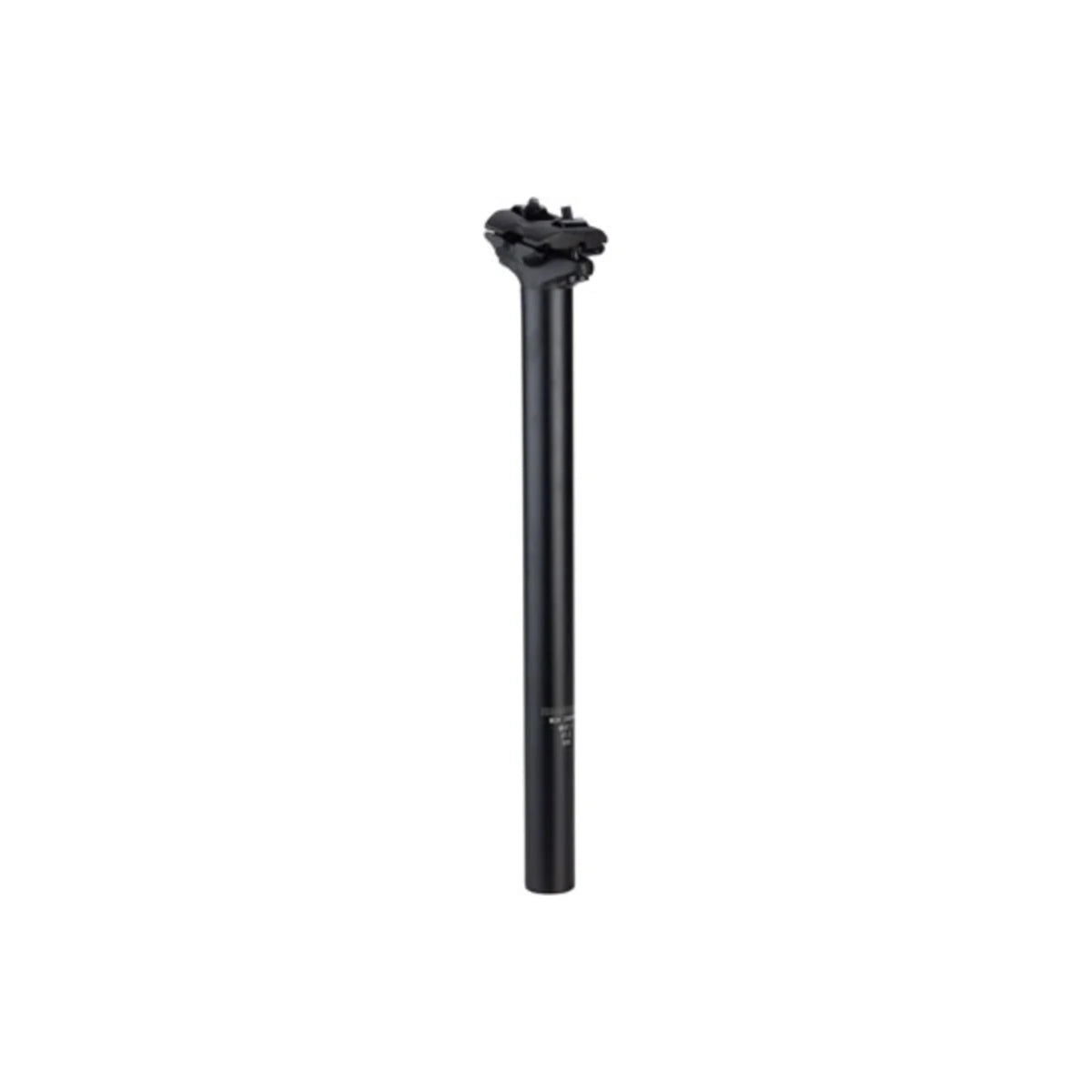 Dimension matte black two-bolt seatpost – A matte black bicycle seatpost with an adjustable two-bolt saddle clamp at the top stands vertically centered against a solid white background.