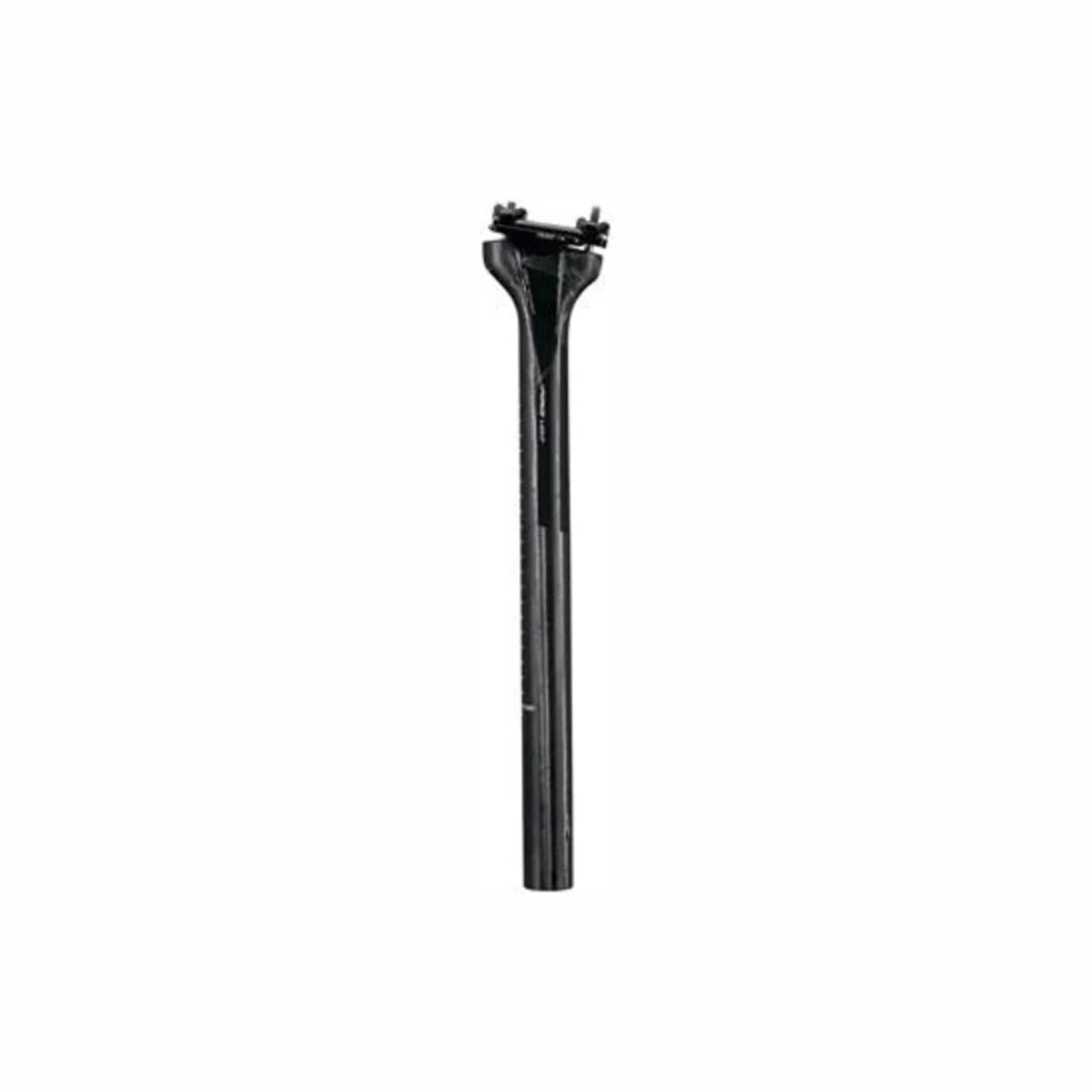 FSA K-Force carbon bicycle seatpost – A sleek black carbon bicycle seatpost stands vertically against a pure white background, featuring subtle grey graphics along the shaft and a saddle clamp at top.