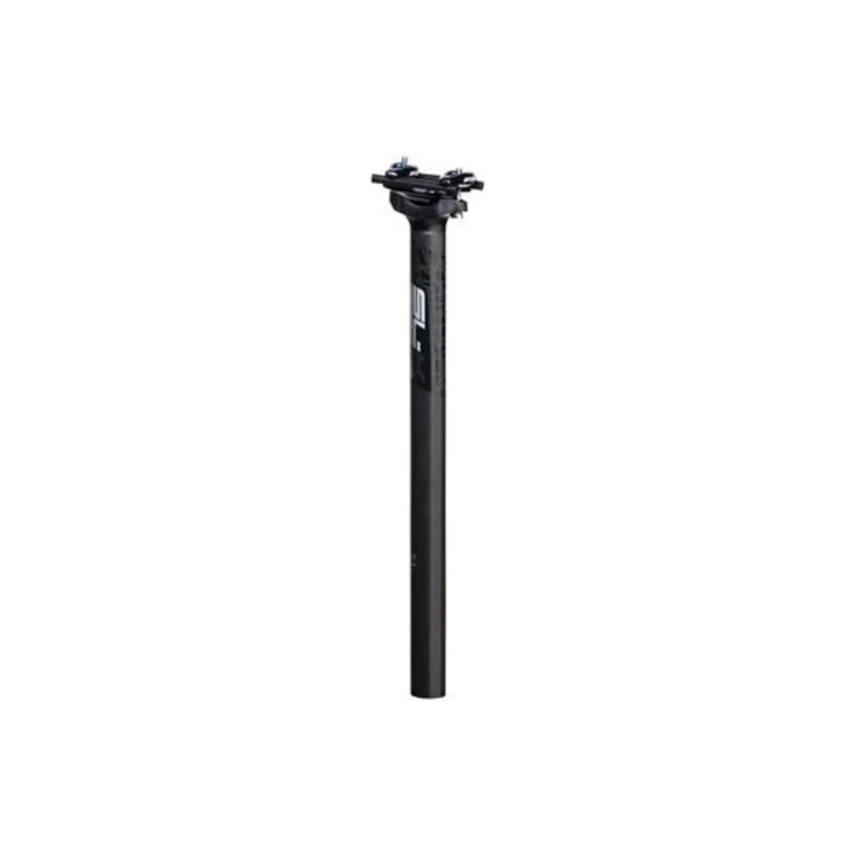 FSA SL-K black carbon bicycle seatpost – Standing vertically against a white background, this matte black carbon bike seatpost features subtle graphics on the upper tube and a dual-bolt saddle clamp on top.