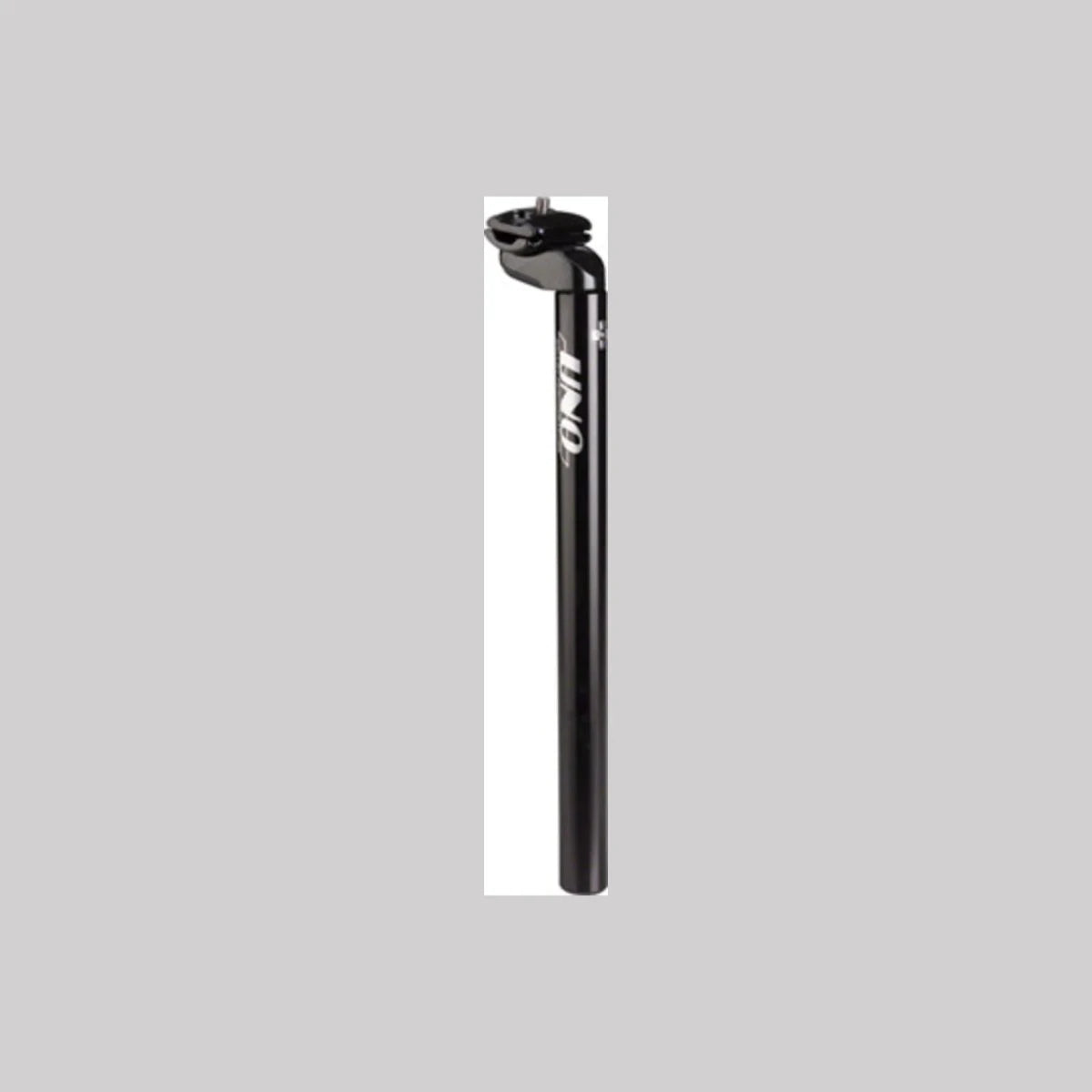 Kalloy Uno black alloy bike seatpost – A glossy black metal bicycle seatpost stands vertically on a light grey studio background, featuring a white UNO logo and an integrated saddle clamp mechanism at the top.