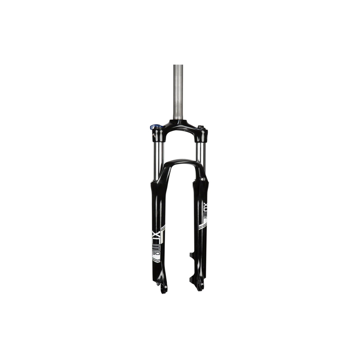 SR Suntour XCM HLO suspension fork – SR Suntour mountain bike suspension fork in gloss black with silver stanchions, straight steerer tube, and white XCM graphics, isolated on a white background.