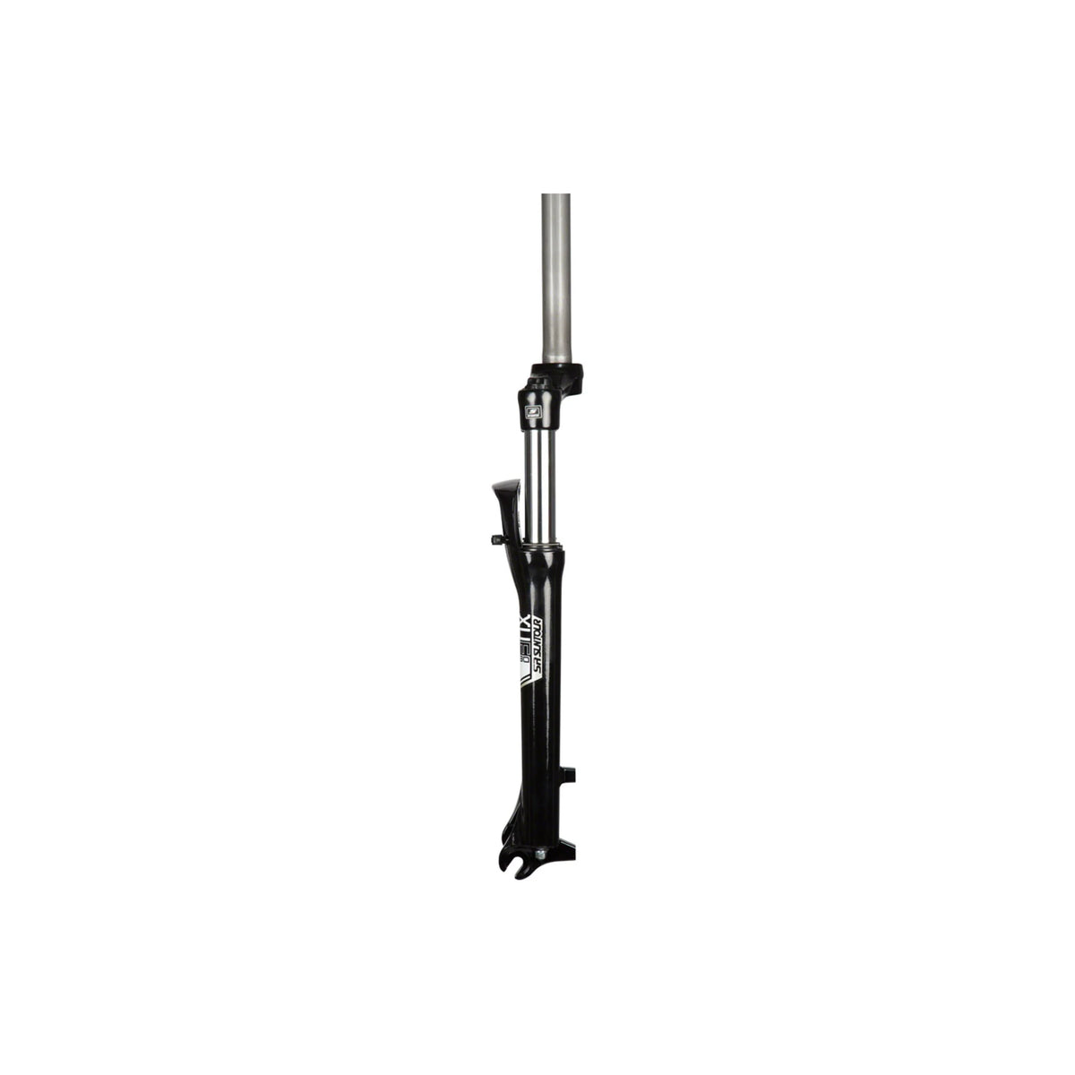SR Suntour XCM HLO suspension fork – Side profile of a black SR Suntour suspension fork featuring a silver steerer tube, chrome stanchion, and disc brake mounts against a plain white background.