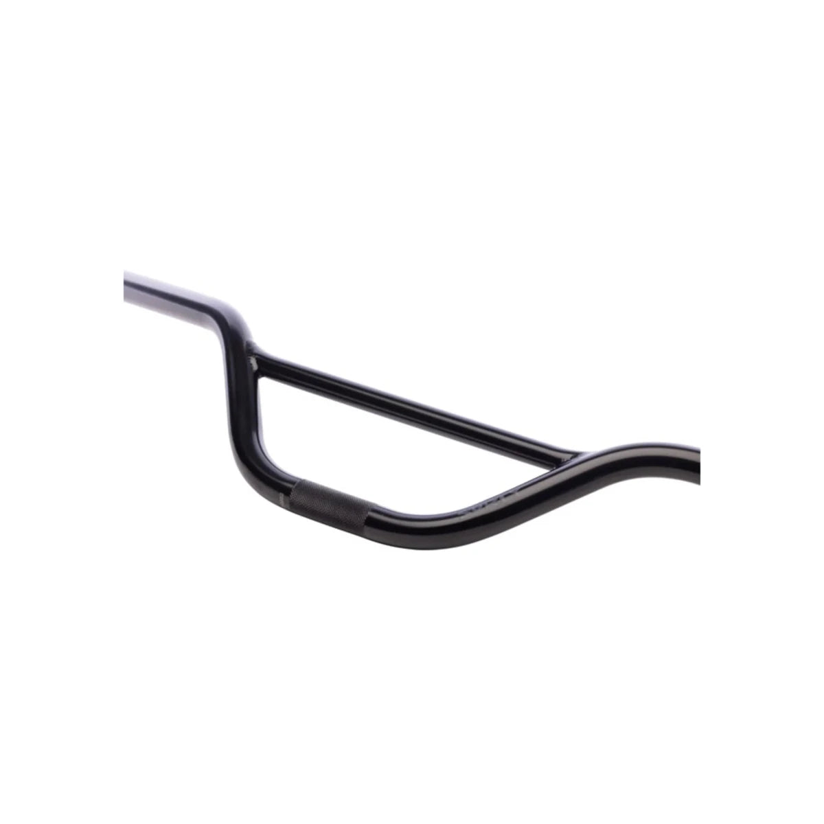 Surly Sunset chromoly handlebar in black – A close-up view of a glossy black chromoly cruiser handlebar, featuring a high-rise bend, textured center clamp area, and welded crossbar over a plain white background.