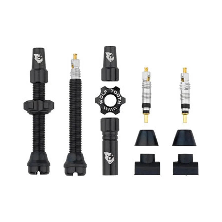Wolf Tooth Tubeless Valve Stem Kit - 44 mm, Black (Bicycle Tire Valves) – studio product photo