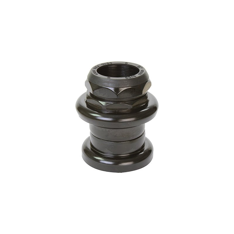 Sunlite black steel threaded bicycle headset – A stacked black steel threaded bicycle headset featuring a top locknut, threaded race, and bearing cups against a pure white background.