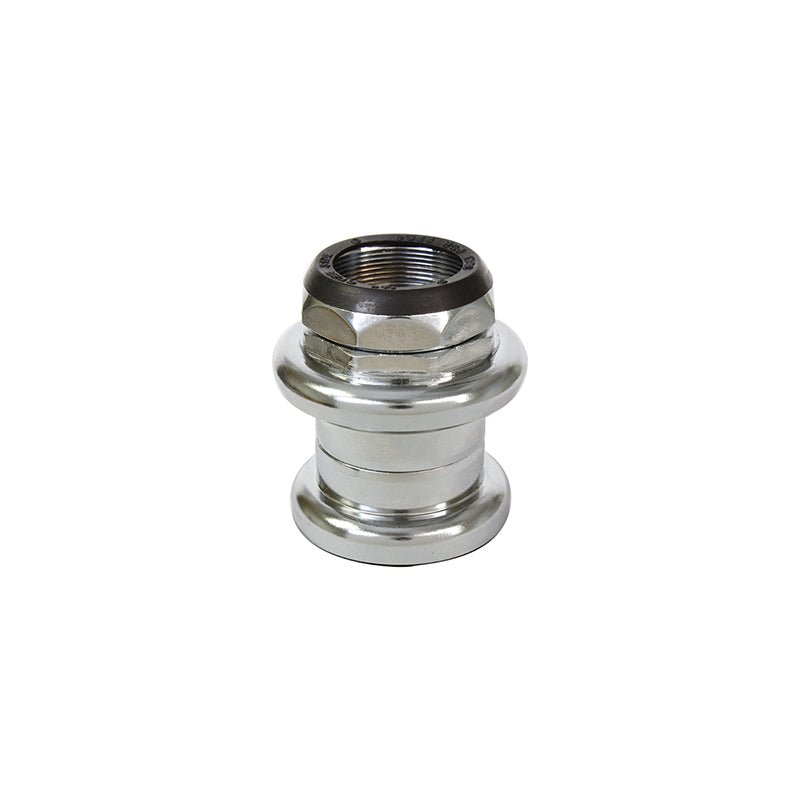 Sunlite steel threaded bicycle headset – Polished chrome steel threaded headset assembly stands upright against a plain white background, featuring a black top seal, threaded interior, and stacked bearing cups.