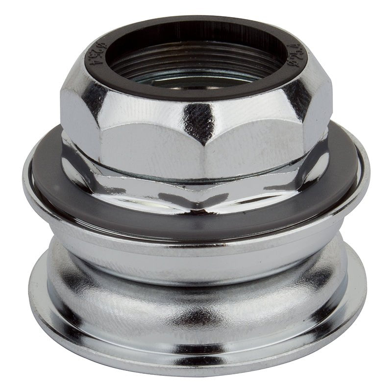 Chrome threaded semi integrated bicycle headset – Polished chrome semi-integrated bicycle headset assembled with a top locknut, black inner seal ring, and flared lower cup against a white studio background.