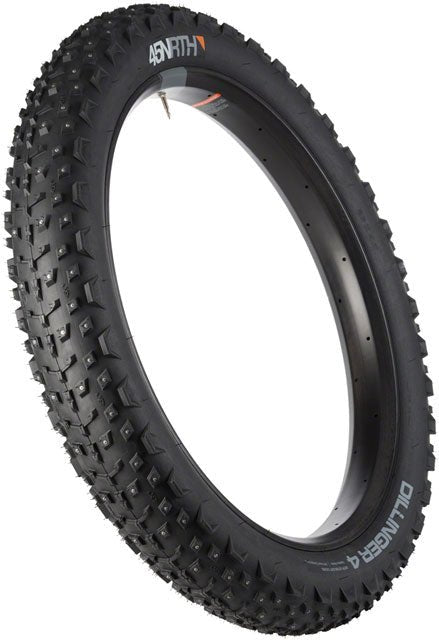 45NRTH Dillinger 4 Tire - 26 x 4, Tubeless, Folding, Black, 60tpi, 240 Carbide Steel Studs - Alaska Bicycle Center