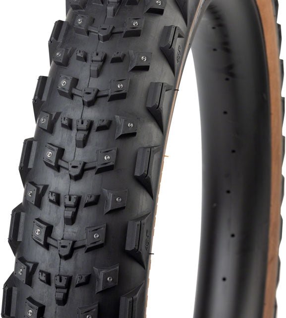 45NRTH Dillinger 4 Tire - 27.5 x 4.0, Tubeless, Folding, Tan, 60 TPI, 168 Large Concave Carbide Aluminum Studs - Alaska Bicycle Center