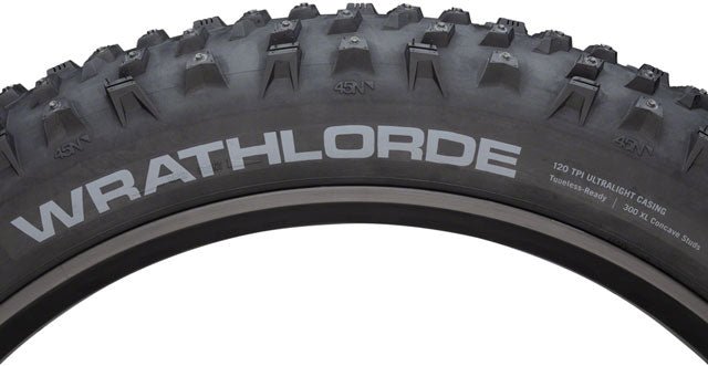 45NRTH Wrathlorde Tire - 26 x 4.2, Tubeless, Folding, Black, 120tpi, 300 XL Concave Carbide Aluminum Studs - Alaska Bicycle Center