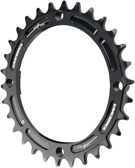 RaceFace narrow wide 30t black chainring – A circular black aluminum bicycle chainring with narrow-wide teeth, four threaded bolt holes, and white RaceFace branding, angled against a plain white background.