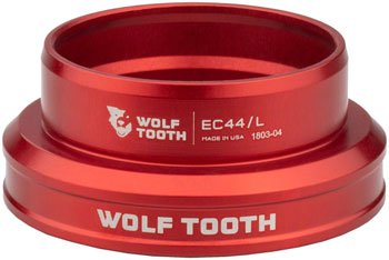 Red Wolf Tooth EC44 lower headset cup – A machined red anodized aluminum Wolf Tooth EC44/L lower headset cup features laser-etched white branding and specifications on a plain white background.