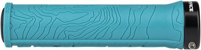 Turquoise RaceFace lock-on mountain bike grip – A single turquoise rubber handlebar grip features a textured topographic map pattern and a black anodized aluminum lock-on clamp, photographed horizontally on white.
