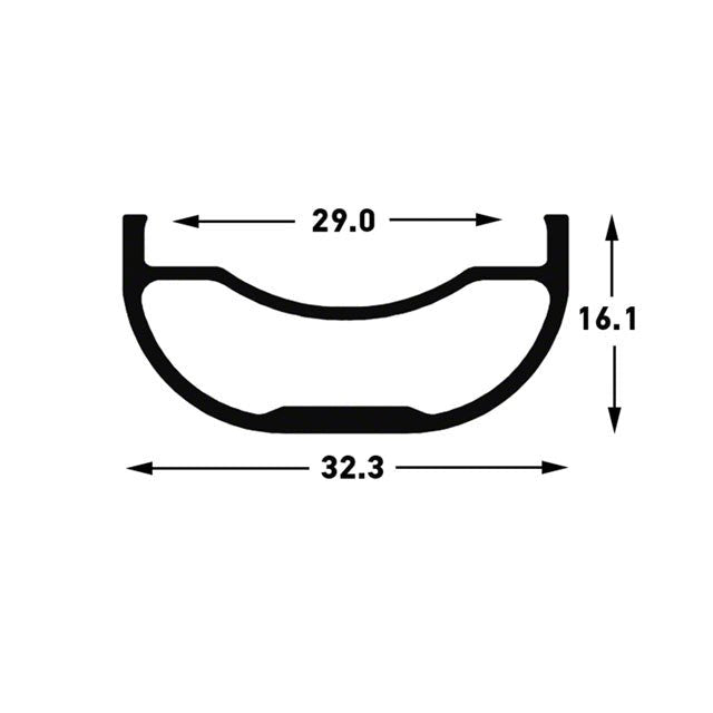 Stan's Flow MK3 rim profile diagram – Black cross-section diagram of a bicycle rim on a white background, labeled with dimensions indicating a 29.0 internal width, 32.3 external width, and 16.1 depth.