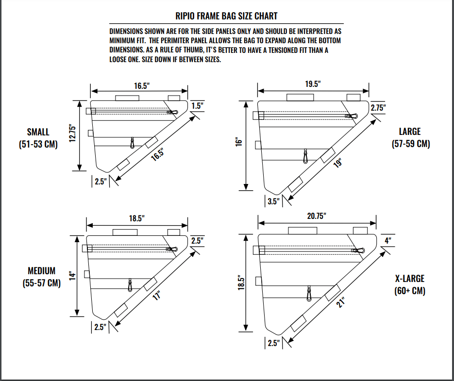 Ripio frame bag size chart diagram – A black-and-white sizing diagram displays detailed panel measurements for small, medium, large, and extra-large frame bags with labeled dimensional arrows against a white background.