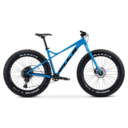 Fuji Wendigo 1.1 blue fat bike – A bright blue Fuji Wendigo fat bike shown in side profile, featuring oversized black Maxxis tires, a rigid fork, disc brakes, and black branding against a plain white background.