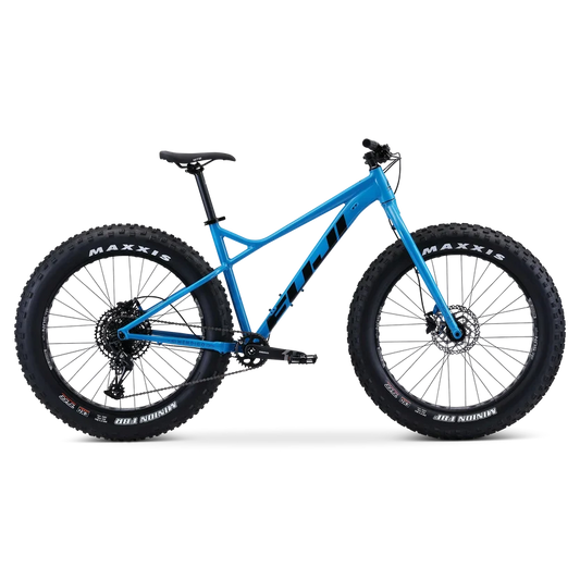 Fuji Wendigo 1.1 blue fat bike – A bright blue Fuji Wendigo fat bike shown in side profile, featuring oversized black Maxxis tires, a rigid fork, disc brakes, and black branding against a plain white background.