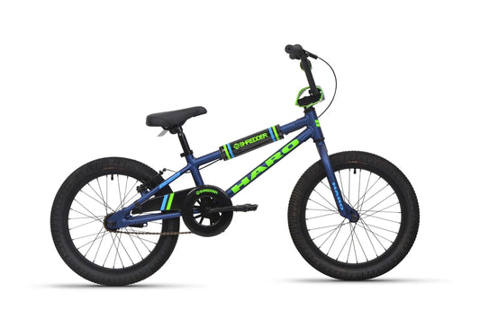 Haro Shredder 18 blue kids BMX bike – A profile view of a metallic blue kids BMX bike featuring neon green Haro branding, black tires, and protective crossbar padding against a plain white background.