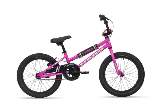 Magenta Haro Shredder 18 ST kids bike – A bright magenta Haro Shredder 18 ST kids bike is shown in profile against a plain white background, featuring black tires, handlebars, a protective chain guard, and frame padding.