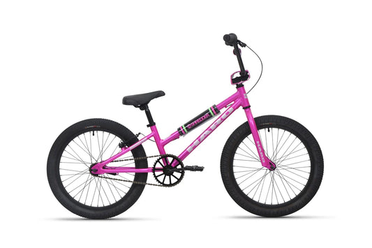 Pink Haro Shredder 20 ST kids bike – A bright pink step-through kids BMX bike is displayed in profile with black tires, black handlebars, padded top tube, and a matching saddle against a plain white background.