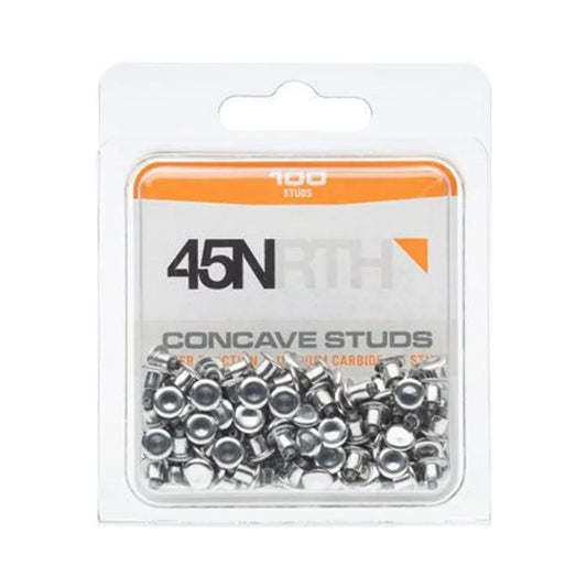 45NRTH concave carbide aluminum tire studs pack – A clear plastic blister pack filled with one hundred small silver concave aluminum tire studs below the white and orange 45NRTH branded card.