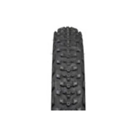 45NRTH Dillinger 4 studded fat bike tire – A close-up head-on view of a black fat bike tire against a plain white background, showing its deep knobby rubber tread embedded with metal studs.