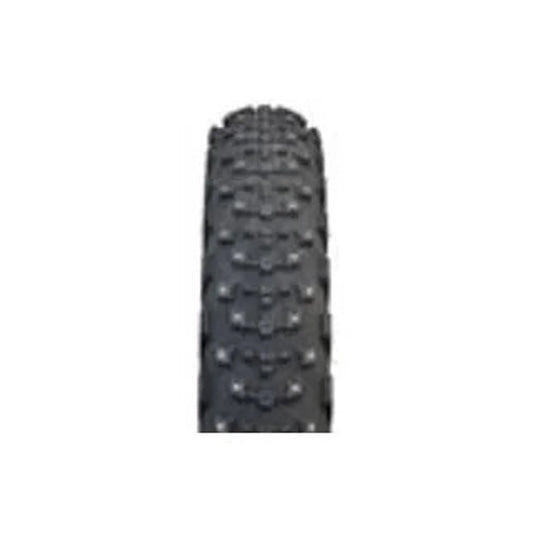Studded black fat bike tire tread – A head-on view shows the knobby black rubber tread of a studded fat bike tire with silver metal pins against a plain white background.