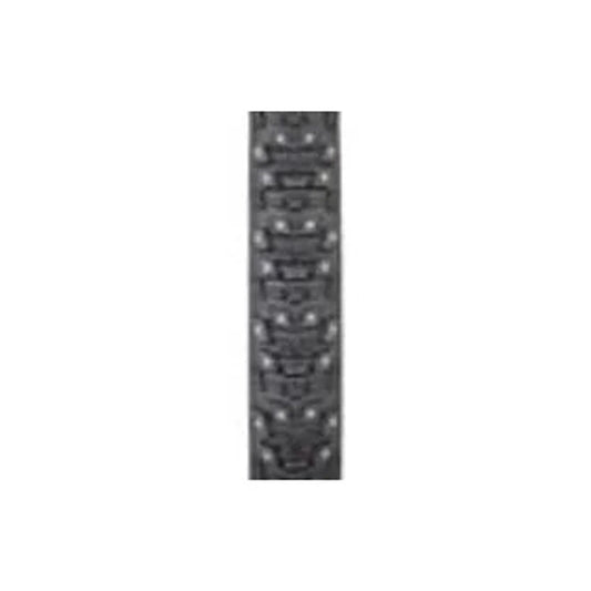 Studded black bicycle tire tread – A close-up view shows a vertical section of a black rubber bicycle tire featuring a directional tread pattern embedded with small metallic studs against a plain white background.
