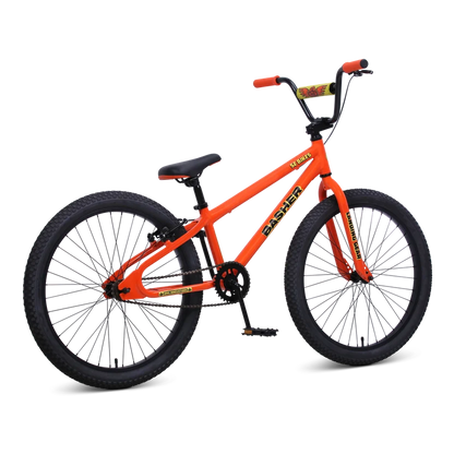 Orange SE Basher 24 inch BMX cruiser – A bright orange BMX cruiser bike is shown in a three-quarter rear studio view against a white background, featuring black tires, black high-rise handlebars, and orange grips.
