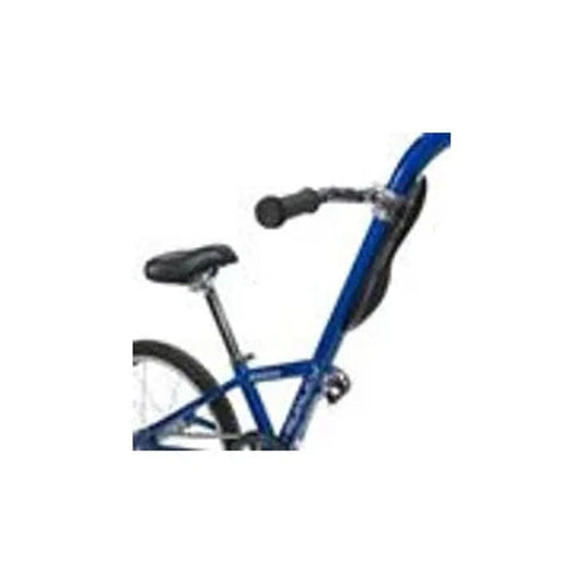 Burley Kazoo trailercycle blue frame and handlebar – Close-up of a blue Burley Kazoo trailercycle frame showing the black padded seat, handlebar with grip, curved tow arm, and rear wheel on a white background.