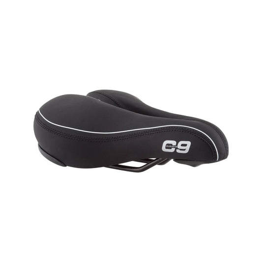 Cloud-9 black airflow bike saddle – This cushioned black vinyl bicycle saddle features white piping along the contoured edges, a printed C9 logo on the side, and black mounting rails beneath against a white background.
