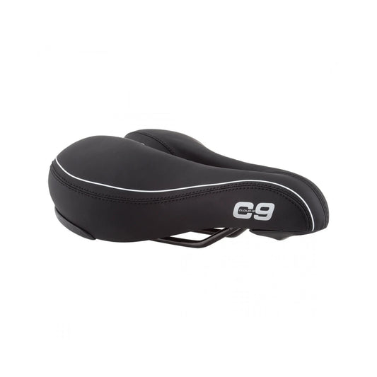 Black Cloud-9 vinyl airflow bicycle saddle – A cushioned black vinyl bicycle saddle shown from a side angle, featuring white piping, stitched seams, and a bold silver C9 logo on a plain white background.
