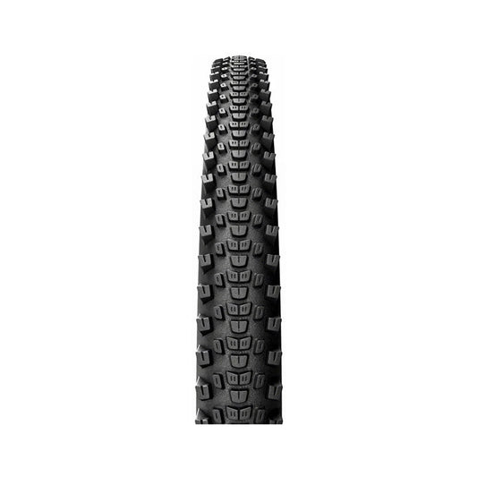 Continental eRuban Plus bike tire – A close-up front view of a black rubber bicycle tire against a plain white background, showing its continuous center tread pattern and aggressive side knobs.