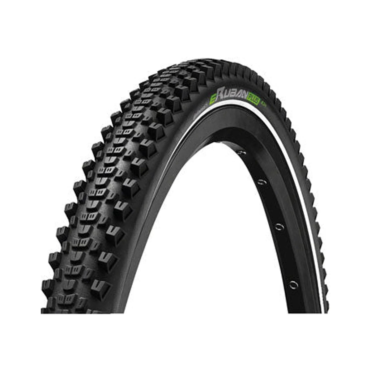 Continental eRuban Plus bicycle tire – A knobby black Continental eRuban Plus bike tire mounted on a rim, featuring aggressive tread lugs and a reflective white sidewall stripe.