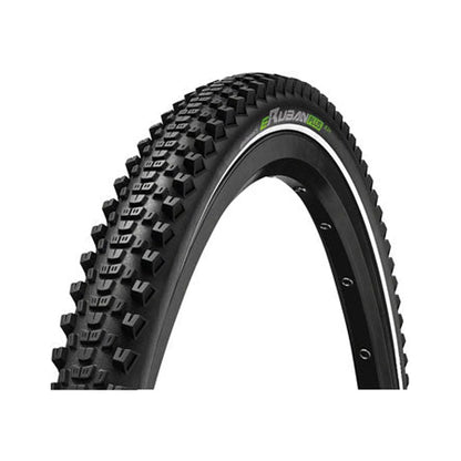 Continental eRuban Plus bicycle tire – A knobby black Continental eRuban Plus bike tire mounted on a rim, featuring aggressive tread lugs and a reflective white sidewall stripe.