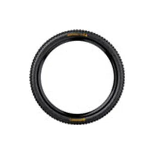 Continental Kryptotal rear mountain bike tire – A black rubber Continental mountain bike tire is shown in full profile with knobby outer tread and yellow sidewall branding against a plain white background.