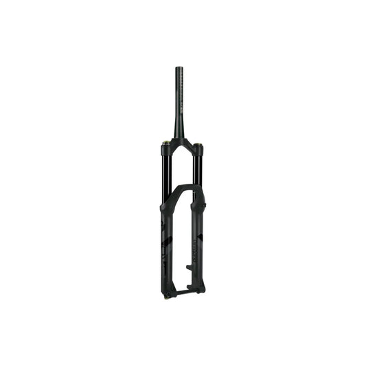 DVO Diamond D1 black suspension fork – Matte black suspension fork with glossy stanchions, integrated thru-axle, and subtle branding graphics, centered against a seamless white studio background.