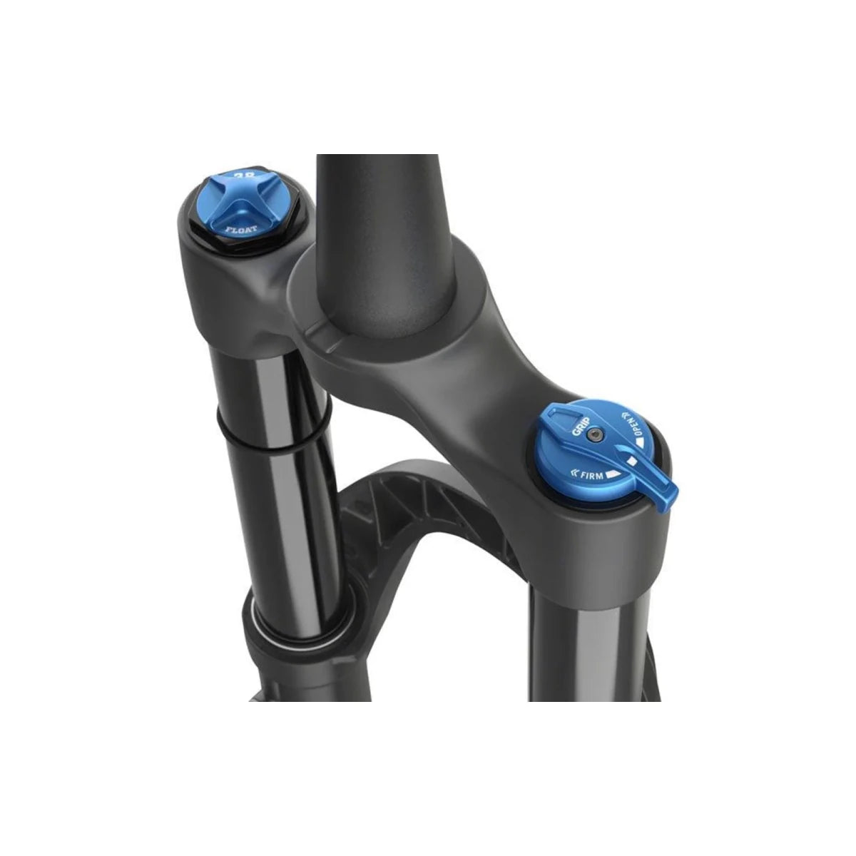 FOX 38 Performance suspension fork crown – Close-up of a matte black bicycle suspension fork crown, showing black stanchions, blue anodized GRIP adjustment dial, and air top cap against a white background.