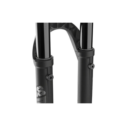 FOX 38 Performance suspension fork arch – A close-up view shows the matte black arch and lowers of a suspension fork with glossy black stanchions, air bleeders, and gray decals on a white background.
