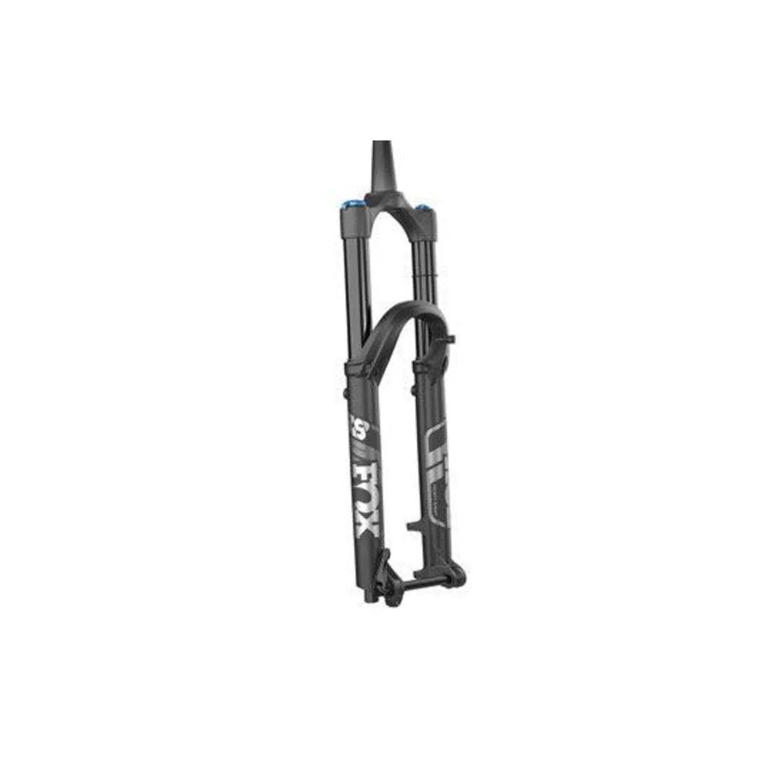 FOX 38 Performance suspension fork – Matte black mountain bike suspension fork stands vertically at an angle against a white background, displaying grey graphics and black stanchions.